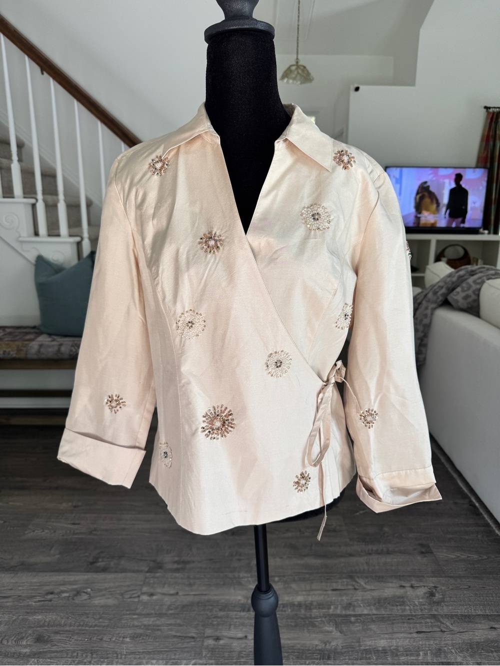 Carole Little Blush-Beige Embellished Wrap Blouse